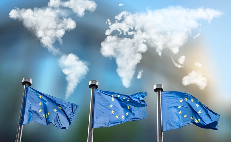 EU flag with global clouds