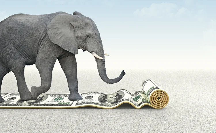 an elephant stamping on some money