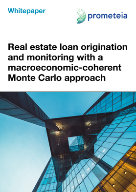 Real estate loan origination and monitoring with a macroeconomic-coherent Monte Carlo approach